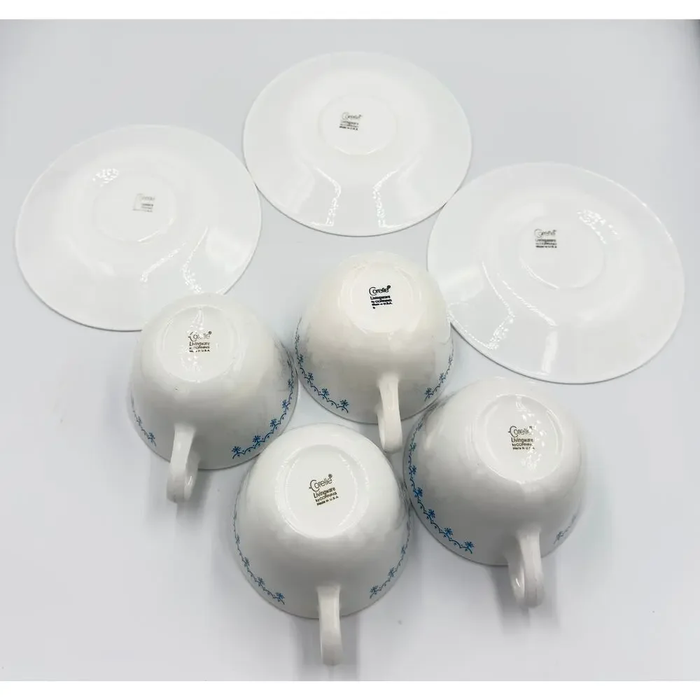 Vintage Snowflake Blue (Corelle) by CORNING - Flat Cup & Saucer 7pc Set